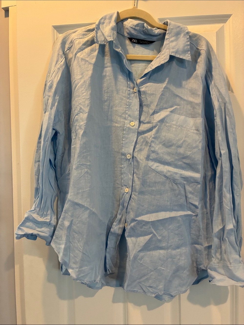Zara Women’s  Pale Blue Linen Button-Down Shirt